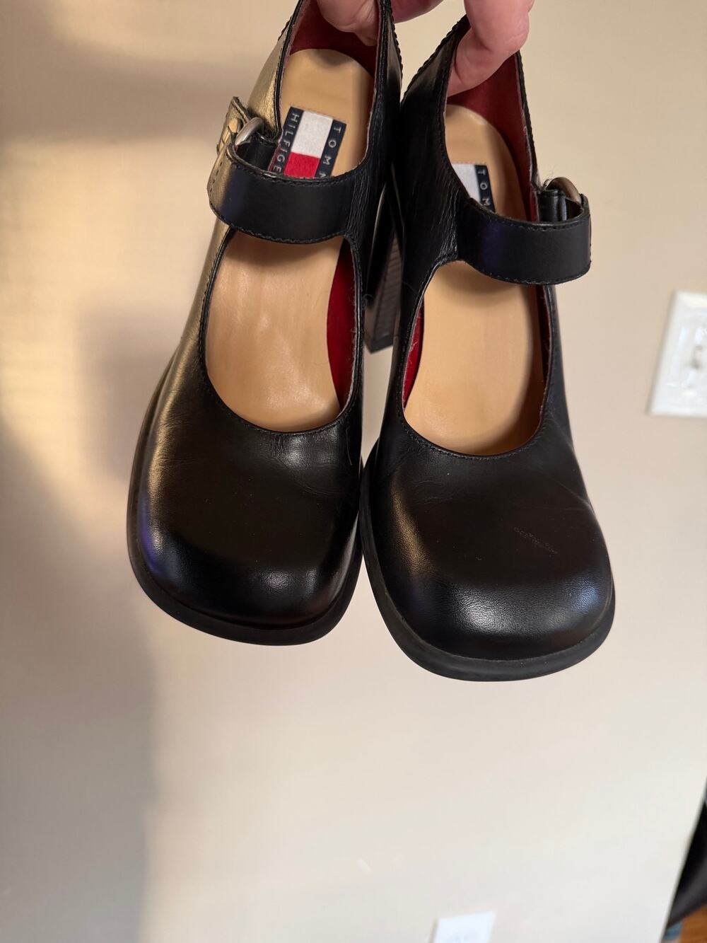 Vintage 90s Tommy Hilfiger Womens 6.5 Chunky Black Leather Mary Jane Block Heel
